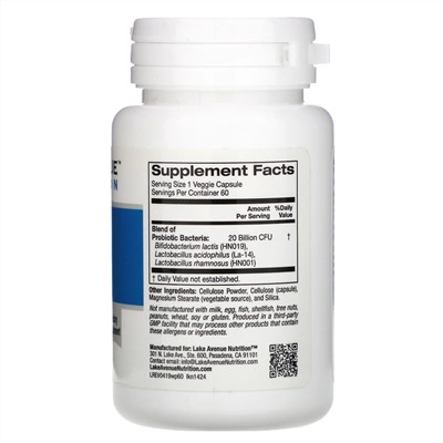 Lake Avenue Nutrition, Пробиотики для женщин, 20 млрд КОЕ, 60 растительных капсул