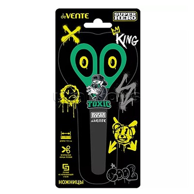 Ножницы детские "SuperHero. Toxic" 13,5 см, пластиковые кольца, защитный футляр с каучуковым декоративным элементом, черные с зеленым, в картонном блистере