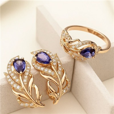 Комплект ювелирная бижутерия коллекция  "Дубай" серьги и кольцо 18 р, покрытие: позолота, вставка: фианиты, цвет: фиолетовый и прозрачный, арт.217.301-18