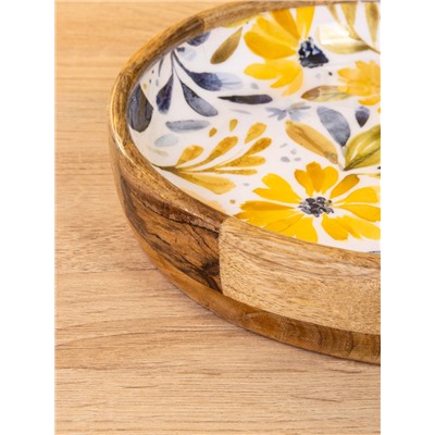 УЦЕНКА Блюдо «Желтые и синие цветы» дерево манго 25×25×4.5 см