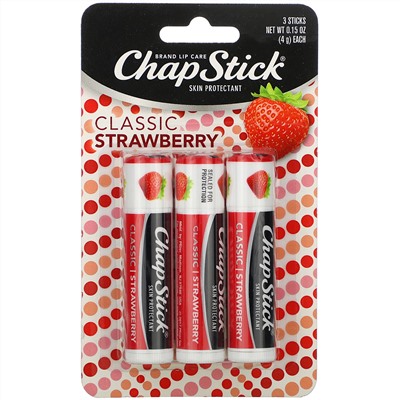 Chapstick, Защитный бальзам для губ, «Классическая клубника», 3 тюбика по 4 г