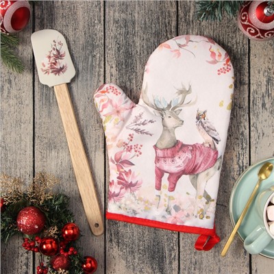 Набор новогодний подарочный «Доляна. Олень»: варежка-прихватка, лопатка силикон