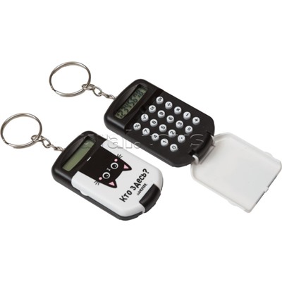 Калькулятор-брелок "Кто здесь?" 37x64x12 мм, 8 разрядный, автоматическое вычисление квадратного корня, процентов, с рисунком, в блистере с подвесом