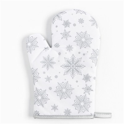 Кухонный набор «Доляна. Снежинки»: серебро, прихватка 17×17 см, варежка 26×16 см, фартук 70×80 см, 100% п/э