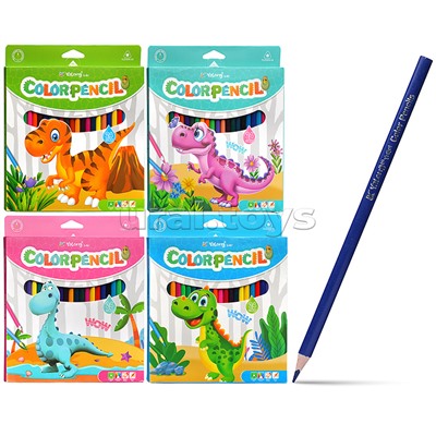 Карандаши цветные 24 цв., "Динозаврики", пластиковые, заточенные, трехгранные, грифель3.0мм, картон. уп., европод.