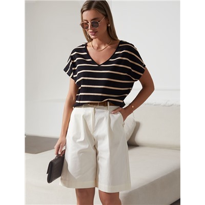 Футболка в полоску с V-вырезом и цельнокроеным рукавом из премиального хлопка