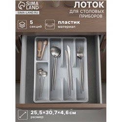 Лоток для столовых приборов, 5 отделений, 25.5×30.7×4.6 см, пластик, серый