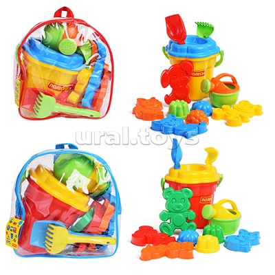 Набор №168 (в рюкзаке): ведро-цветок большое, ситечко-цветок большое, лопатка №5, грабельки №5, формочки (белочка + пёсик + котёнок + медведь), 3 формочки, лейка малая №4