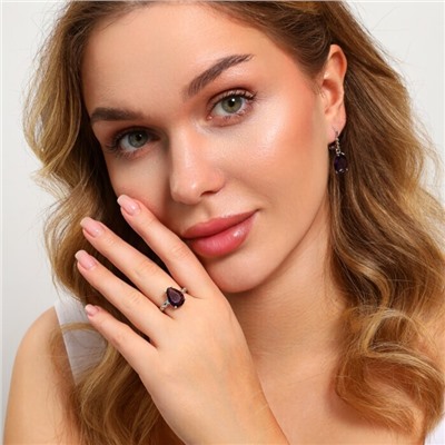 Комплект ювелирной бижутерии серьги и кольцо 17 р, покрытие посеребрение, вставка: фианиты, цвет: фиолетовый и прозрачный, арт.213.944-17