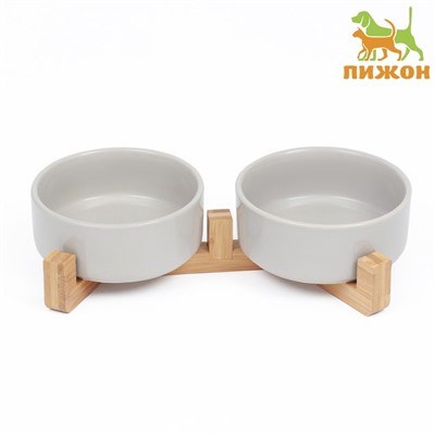 Миски для кошек керамические Пижон, двойные на подставке, 2×450 мл 28.5×15.5×7 см, серые