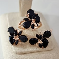 Комплект ювелирной бижутерии коллекция "Дубай" серьги и кольцо 18 р, покрытие позолота, вставка: стекло, цвет: черный, арт.215.565-18