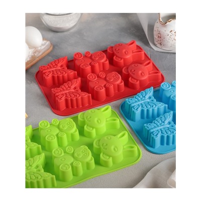 Форма для выпечки Доляна «Животные. Зоопарк», силикон, 26×17 см, 6 ячеек (7.2×6.4 см), МИКС