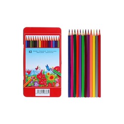 Карандаши цветные акварельные 12 цветов, корпус деревянный, шестигранные, в металлической коробке