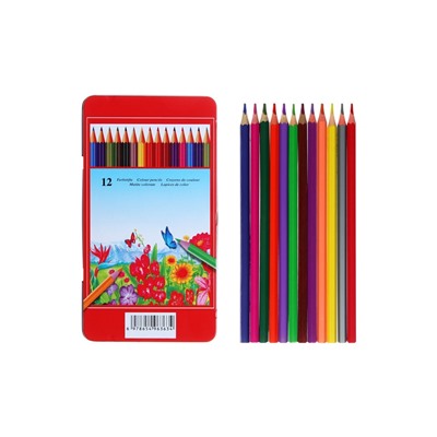 Карандаши цветные акварельные 12 цветов, корпус деревянный, шестигранные, в металлической коробке