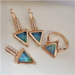 Комплект ювелирной бижутерии коллекция "Дубай" серьги, кулон и кольцо 18 р, покрытие позолота, вставка: фианиты, цвет: морская волна, арт.313.180-18