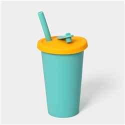 Стакан с крышкой и трубочкой, 350 мл, 9×9×13.5 см, бирюзовый