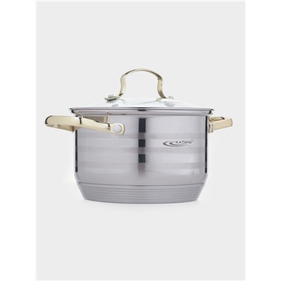 Кастрюля Катунь «ЭЛИС ГОЛД», 2.5 л, 18×11.5 см, стеклянная крышка, нержавеющая сталь, ручки золотистые