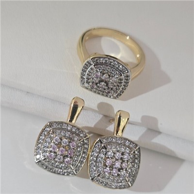 Комплект ювелирной бижутерии Итальянское золото (покрытие желтое 14к) серьги и кольцо 18 р, вставка: фианиты, цвет: прозрачный, арт.217.386-18