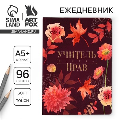 Большой ежедневник «Учитель всегда прав», soft-touch, формат А5+, 96 листов, мягкая обложка, линейка