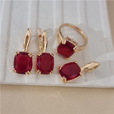 Комплект ювелирной бижутерии коллекция "Дубай" серьги, кулон и кольцо 19 р, покрытие позолота, вставка: стекло, цвет: рубиновый, арт.414.316-19
