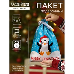 Пакет подарочный новогодний с завязками, «Счастливый пингвин», 29×43 см