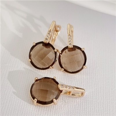 Комплект ювелирной бижутерии коллекция "Дубай" серьги и кулон, покрытие позолота, вставка: фианиты и цирконы, цвет: коричневый и прозрачный, арт.215.449