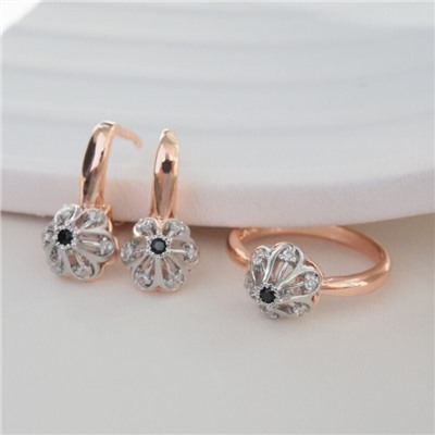 Комплект ювелирной бижутерии коллекция "Дубай" серьги и кольцо 18 р, покрытие позолота, вставка: фианиты, цвет: черный, арт.213.972-18