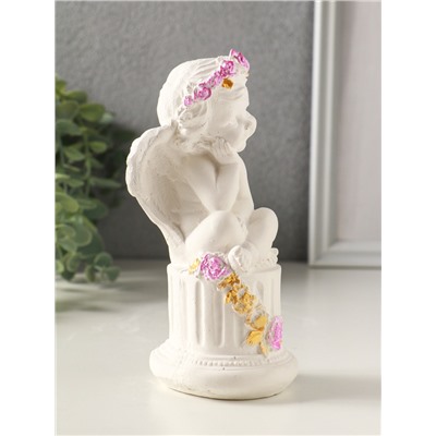 Фигурка гипс «Ангел на тумбе с цветами», 15×7 см, белый с росписью