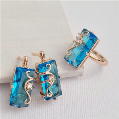 Комплект ювелирной бижутерии коллекция "Дубай" серьги и кольцо 18 р, покрытие позолота, вставка: фианиты, цвет: небесно-голубой, арт.414.024-18