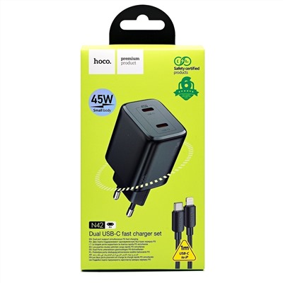 Адаптер Сетевой с кабелем Hoco N42 Elogiado 2*Type-C 45W (Type-C/Lightning) (black)