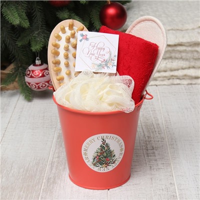 Набор новогодний подарочный «Этель» Merry christmas, 5 предмета, полотенце 30×60 см, мочалка, щётка - массажёр