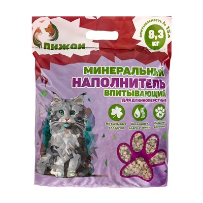 Наполнитель минеральный впитывающий «Пижон» для длинношерстных кошек, 15 л