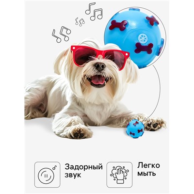 Игрушка пищащая «Мяч Косточки» для собак, 5.5 см, голубая