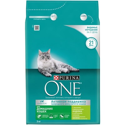 Сухой корм Purina One для домашних кошек, индейка/злаки, 3 кг