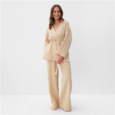 Комплект домашний женский (рубашка на запах, брюки) KAFTAN Basic, размер 40-42, бежевый