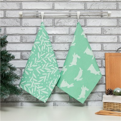 Набор полотенец Этель Hares & leaves 40×60 см - 2 шт., зеленый, 100% хлопок