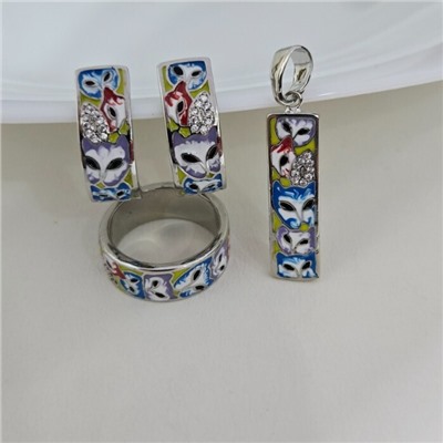 Комплект ювелирной бижутерии серьги, кулон и 17 р покрытие посеребрение, вставка: эмаль и фианиты, арт.313.246-17