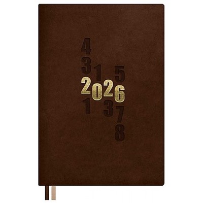 Ежедневник 2026 г. А5 352 стр. 70266 "ЗАМША КОРИЧНЕВЫЙ" кожзам, два ляссе Феникс