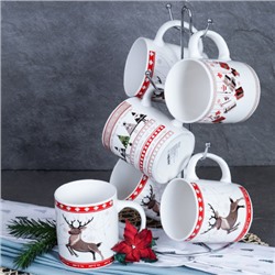 Кружка 6 штук на металлстенде 380 мл / 1188-7 / кружка новогодняя