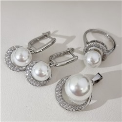 Комплект ювелирной бижутерии с искусственным жемчугом серьги, кулон и кольцо 20 р, покрытие посеребрение, вставка: фианиты и искусственный жемчуг, арт.314.916-20
