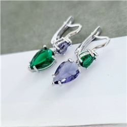Серьги ассиметрия коллекция "Дубай" покрытие посеребрение, камень зеленый, сиреневый, 122502, арт.947.651
