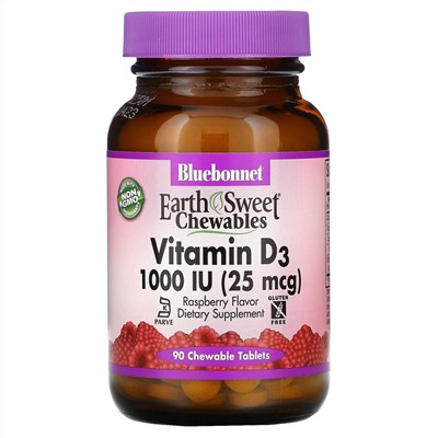 Bluebonnet Nutrition, EarthSweet Chewables, витамин D3, со вкусом малины, 25 мкг (1000 МЕ), 90 жевательных таблеток