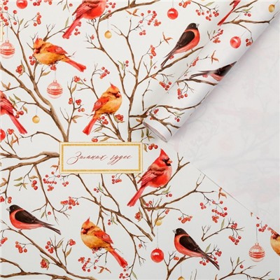Упаковочная бумага на новый год «Птицы на ветвях», 50×70 см, глянцевая