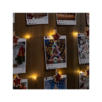 Гирлянда «Нить» 2 м роса с насадками «Прищепки-звёздочки», IP20, серебристая нить, 20 LED, батарейки ААх2 (не в комплекте), свечение тёплое белое