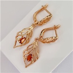 Серьги висячие с красно-коричневыми камнями, покрытие позолота 585 пробы, арт.212.057
