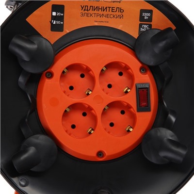 Удлинитель на катушке Luazon Lighting ЕСО, 4 розетки, 50 м, 10 А, ПВС 3×0.75 мм2, с з/к, IP 20, термовыключатель