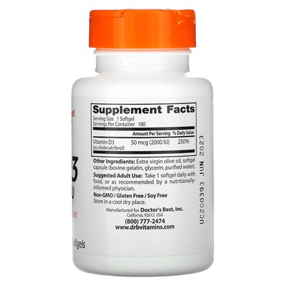 Doctor's Best, витамин D3, 50 мкг (2000 МЕ), 180 капсул