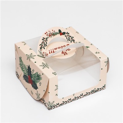 Коробка под бенто - торт с окном «Новогодняя с шишками», 14×14×8 см