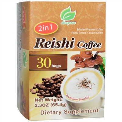 Longreen, 2 in 1 Reishi Coffee, гриб рейши и кофе, 30 пакетиков, весом 65,4 г (2,3 унции) каждый
