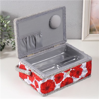 Шкатулка для рукоделия и шитья «Красные маки на белом», хранение ниток, иголок, мелочи, 24×16×11 см